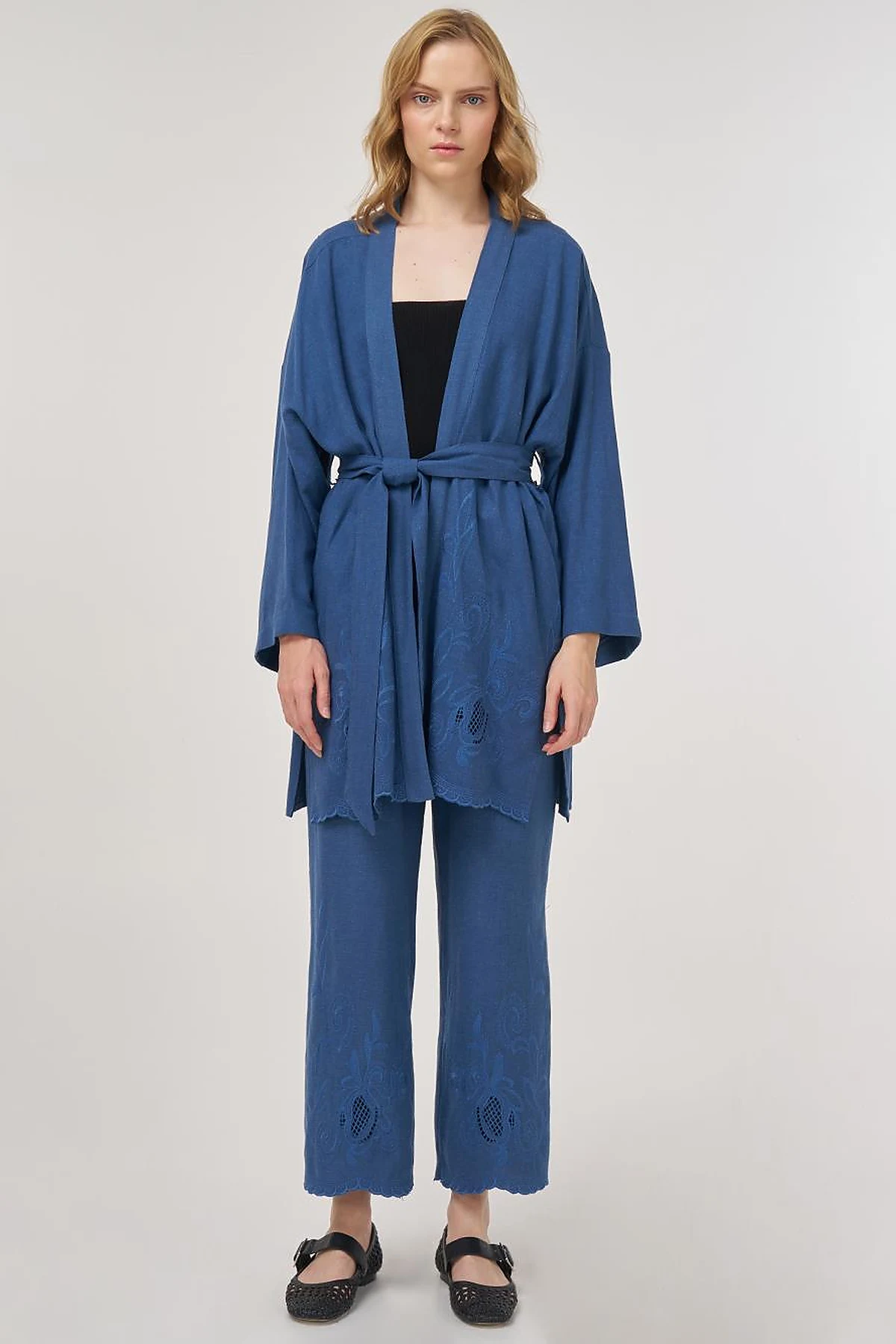 Nakış Aplikeli Keten Viskon Kimono Takım İndigo