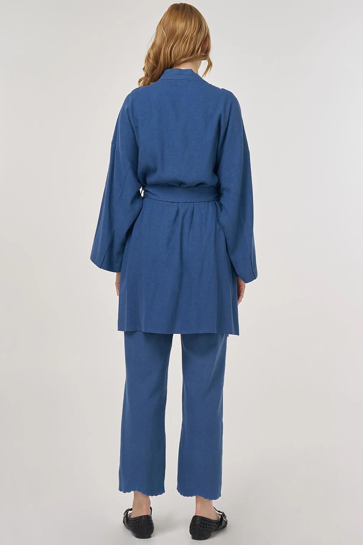 Nakış Aplikeli Keten Viskon Kimono Takım İndigo