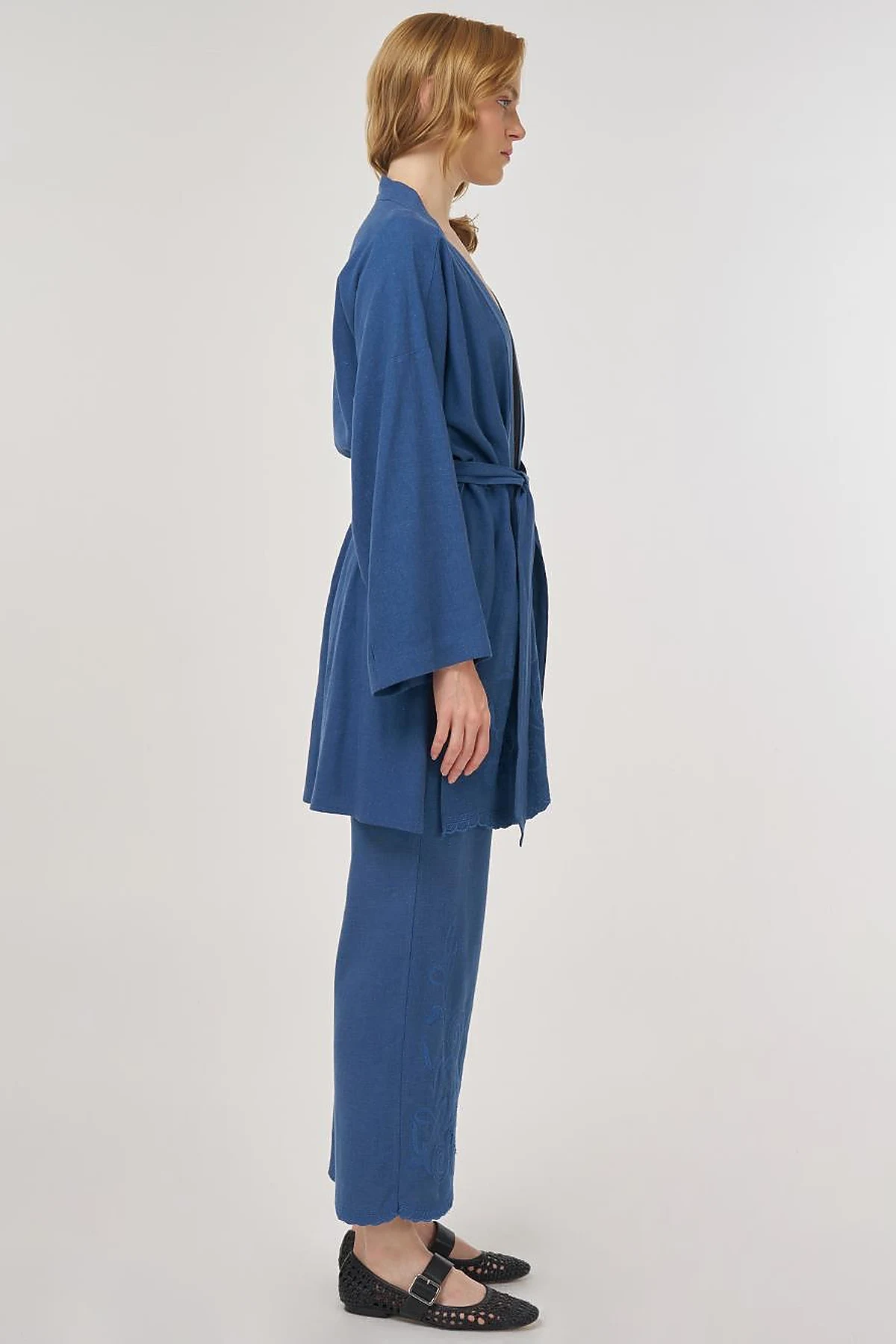 Nakış Aplikeli Keten Viskon Kimono Takım İndigo