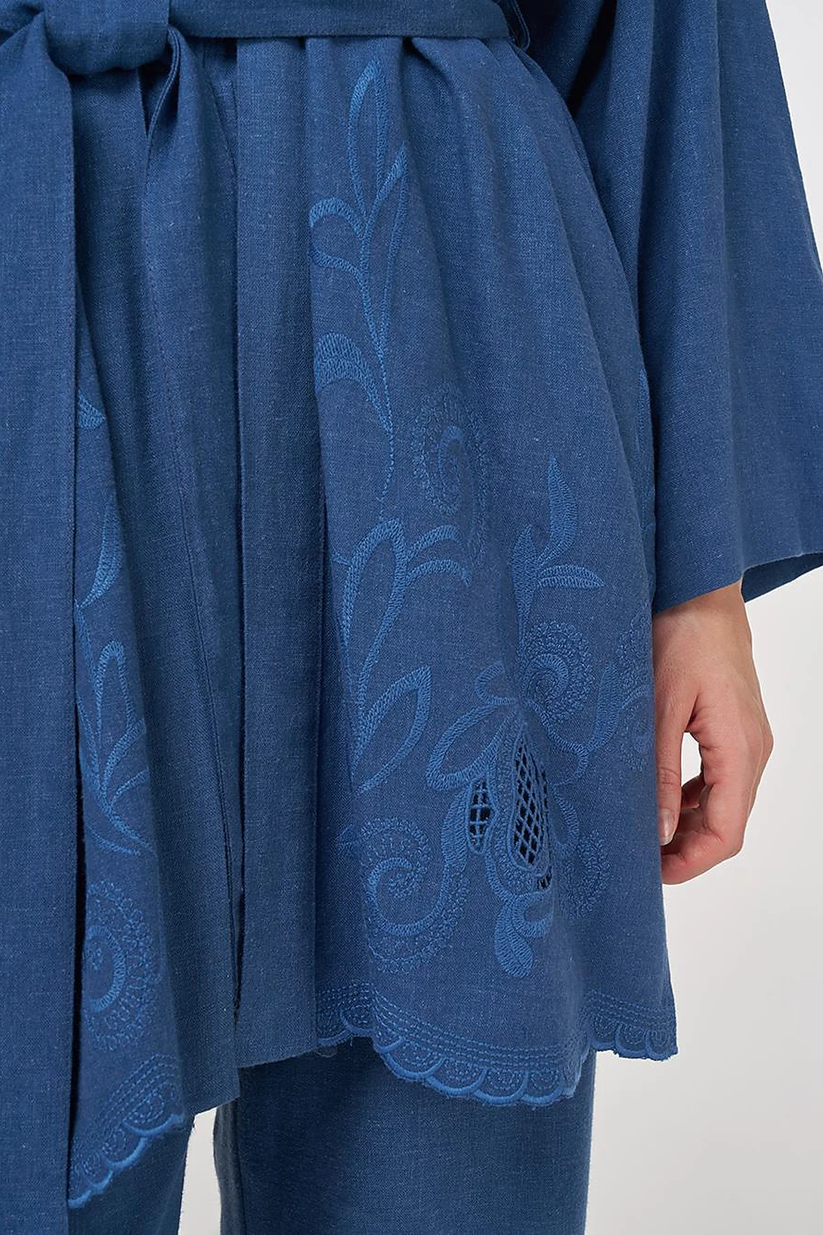Nakış Aplikeli Keten Viskon Kimono Takım İndigo