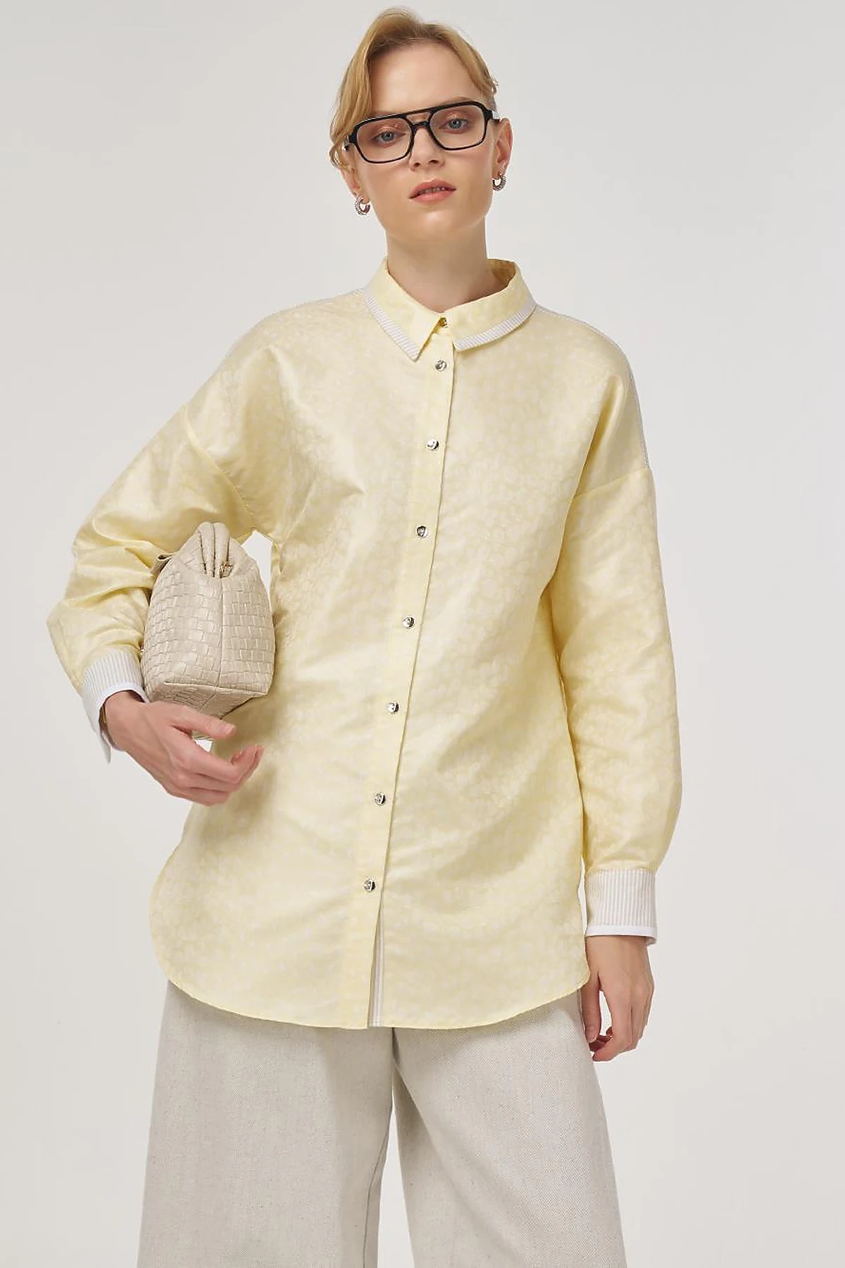 Fabric-Paneled Jacquard Tunic Light Yellow