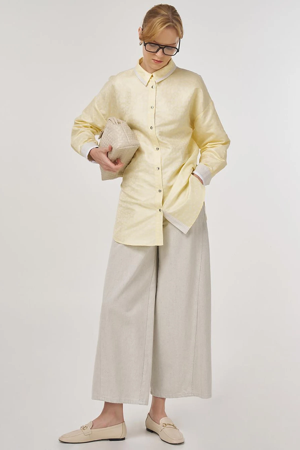 Fabric-Paneled Jacquard Tunic Light Yellow