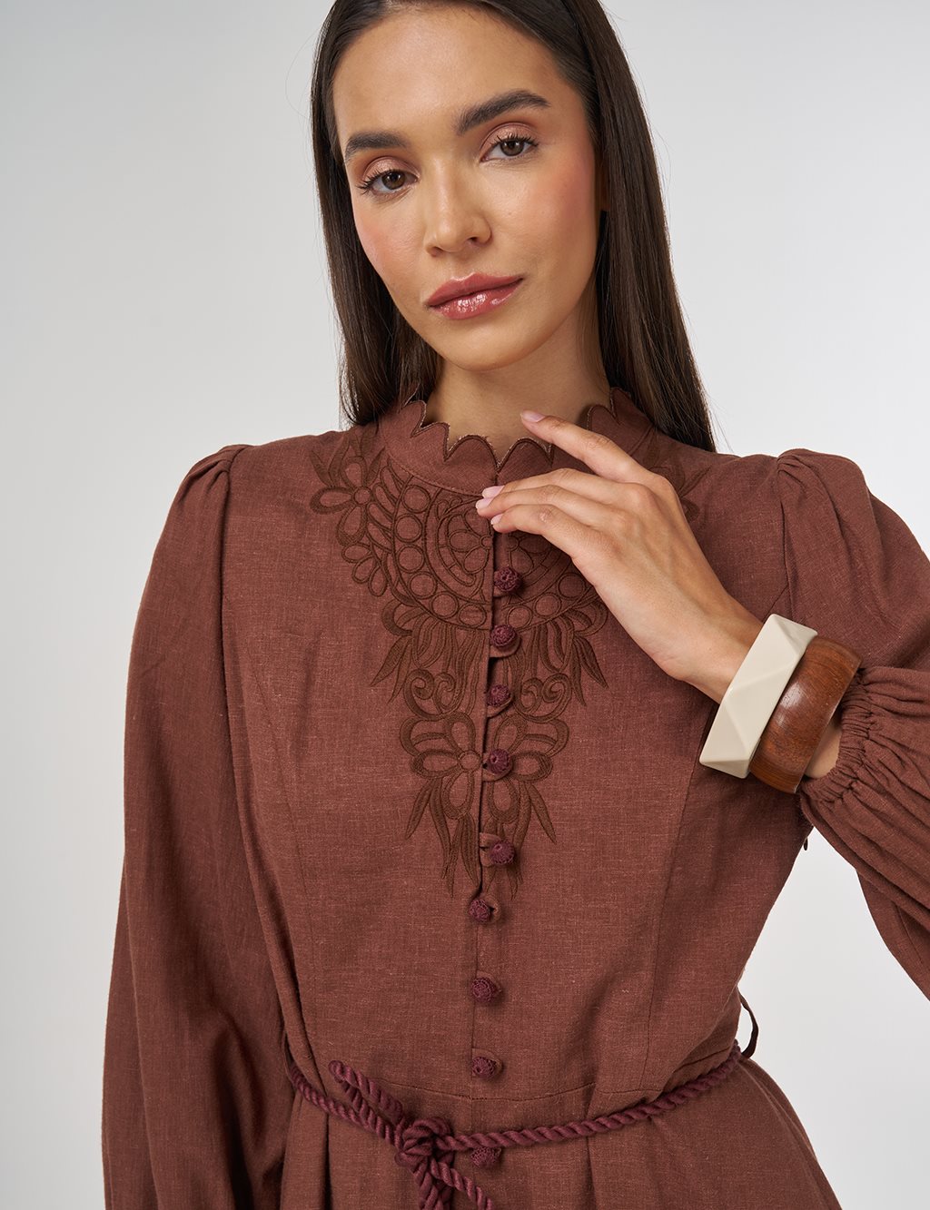 Rope-Belted Linen Viscose Maxi Dress Brown