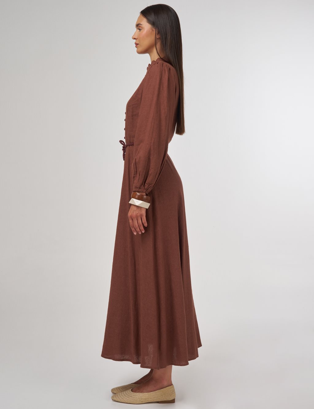 Rope-Belted Linen Viscose Maxi Dress Brown
