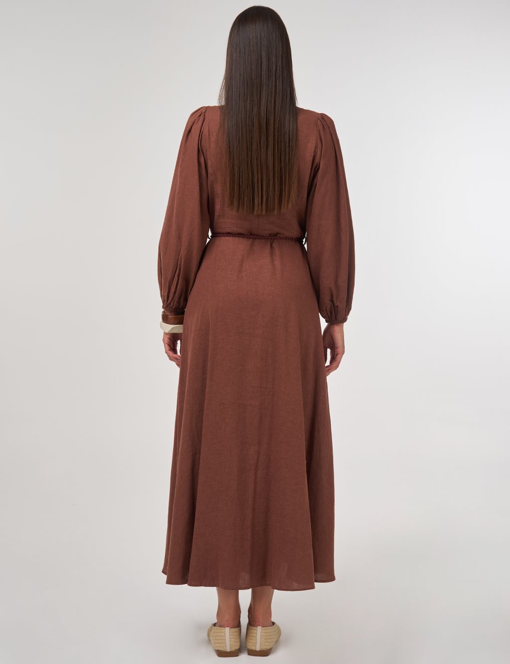 Rope-Belted Linen Viscose Maxi Dress Brown