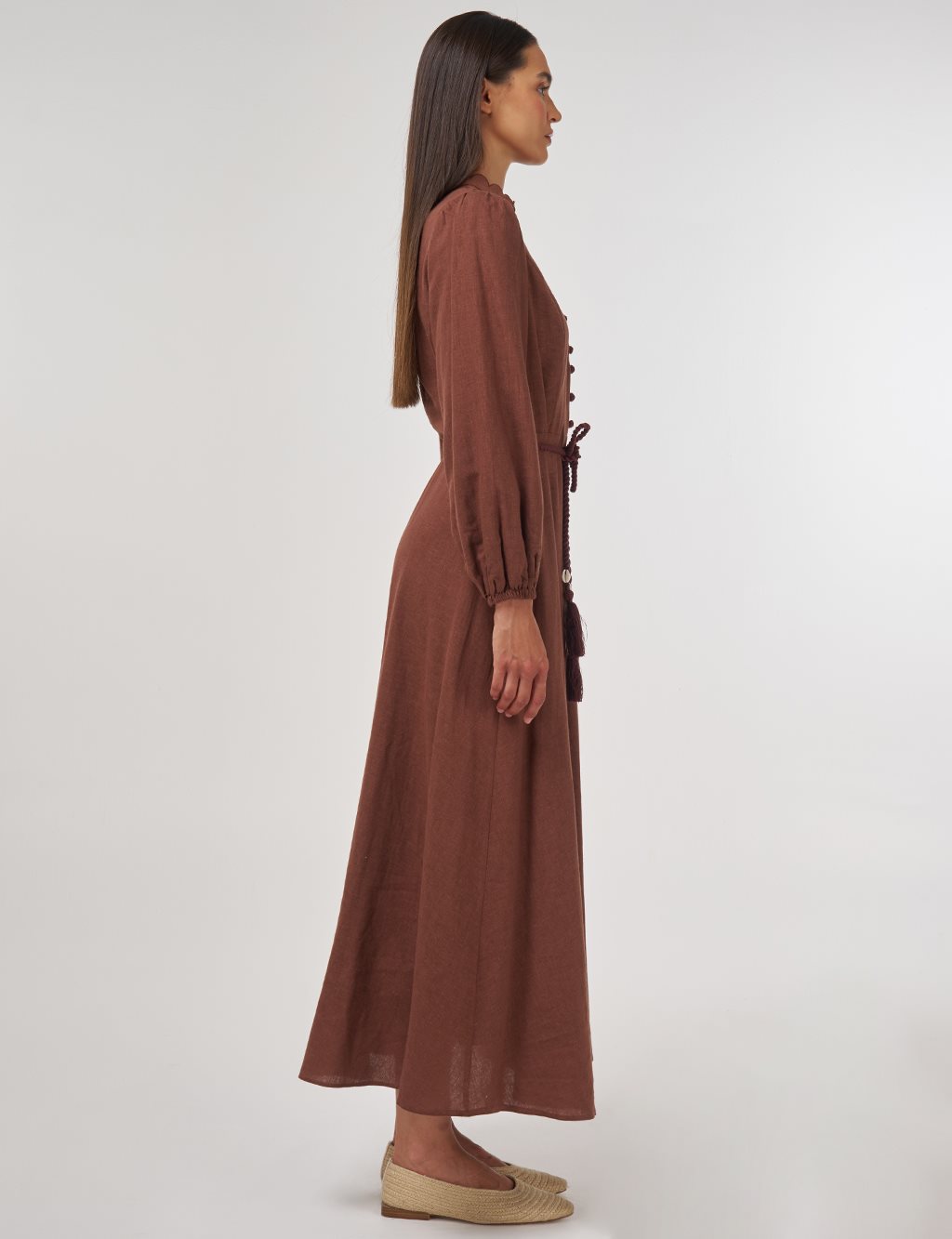 Rope-Belted Linen Viscose Maxi Dress Brown
