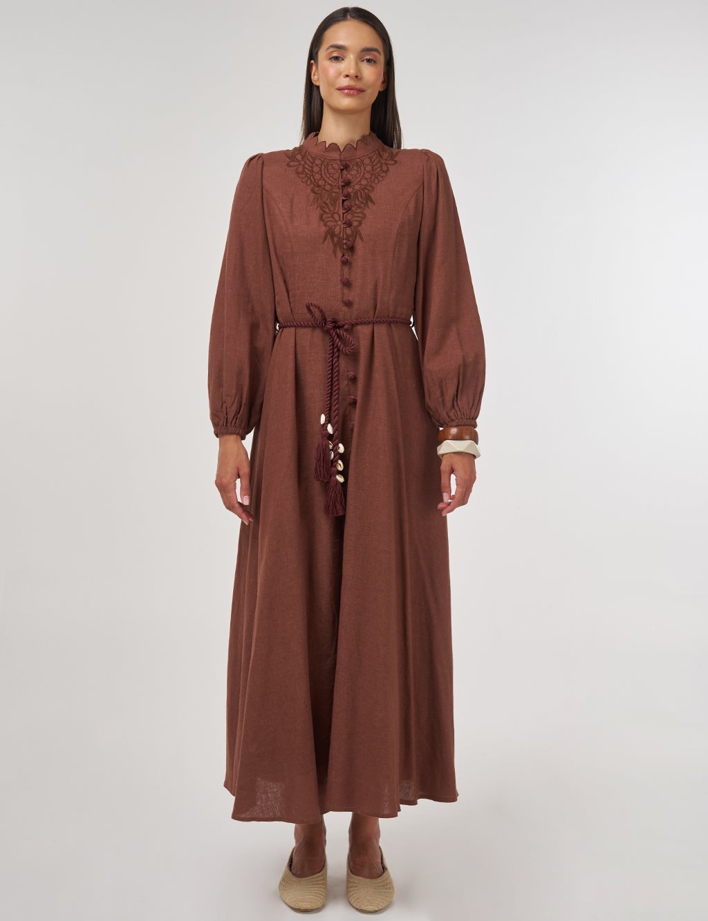 Rope-Belted Linen Viscose Maxi Dress Brown