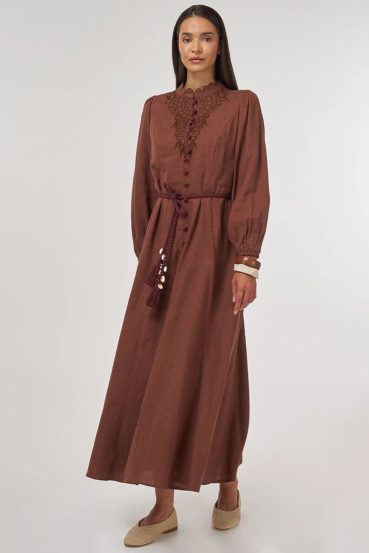 Rope-Belted Linen Viscose Maxi Dress Brown