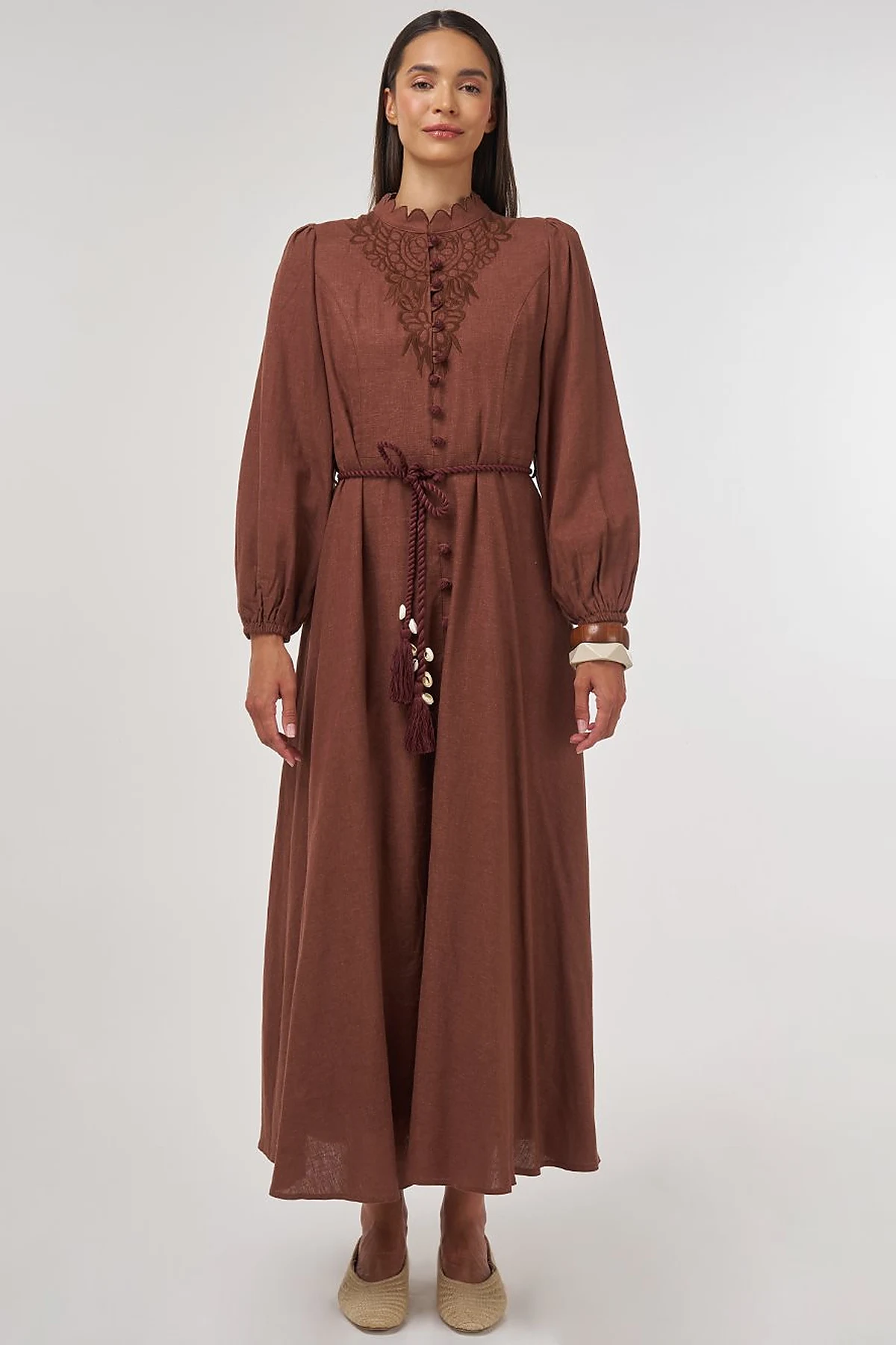 Rope-Belted Linen Viscose Maxi Dress Brown