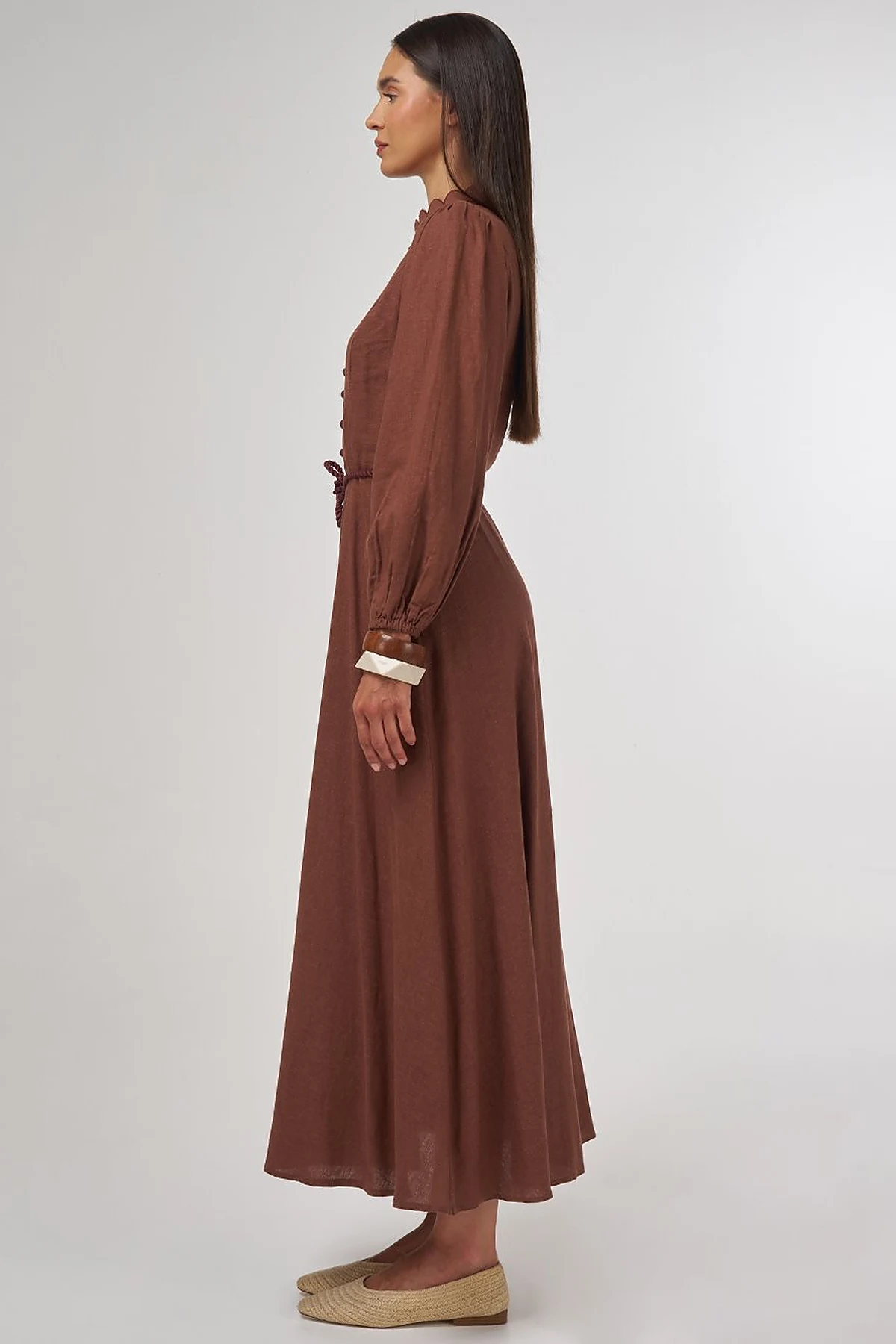 Rope-Belted Linen Viscose Maxi Dress Brown