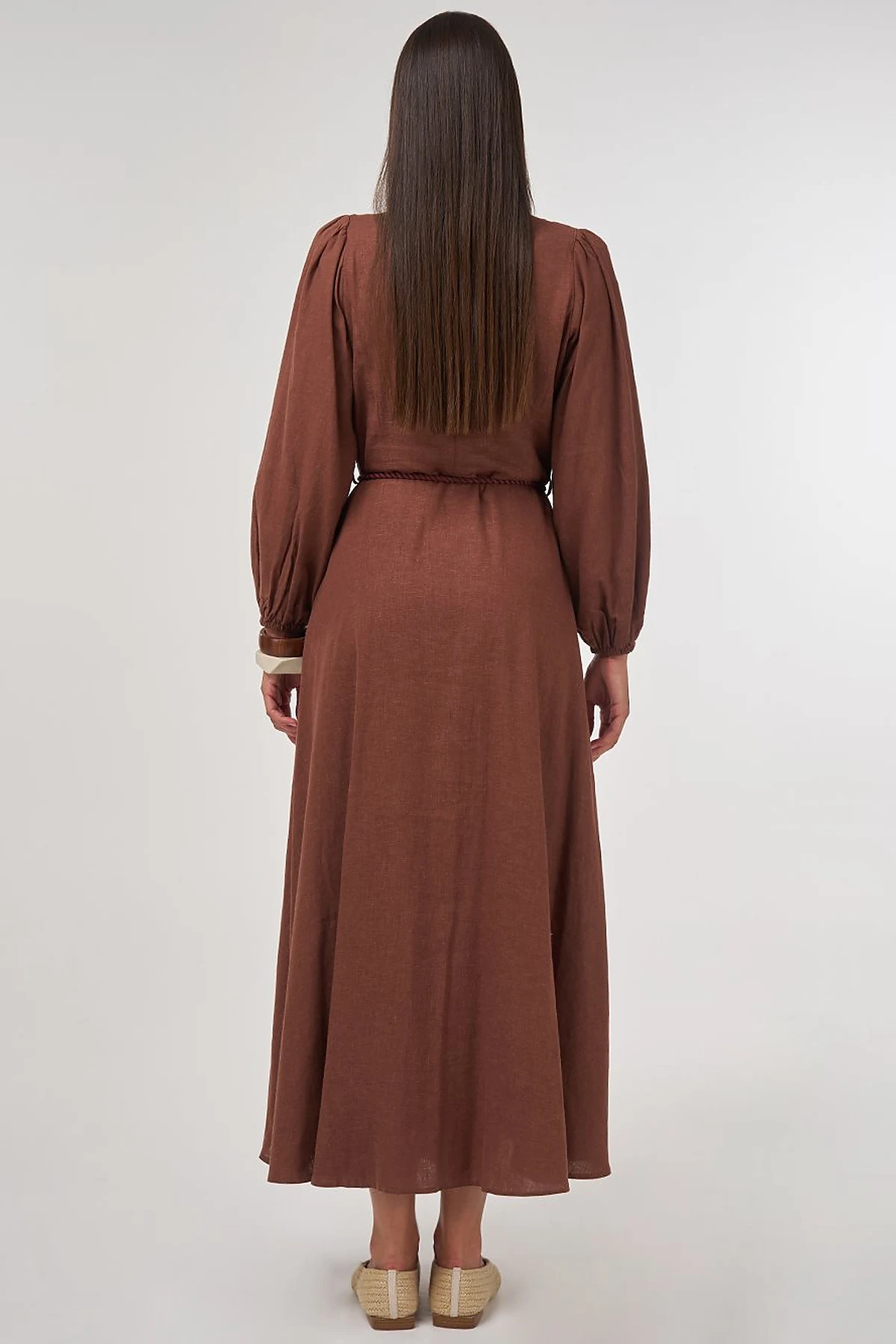 Rope-Belted Linen Viscose Maxi Dress Brown