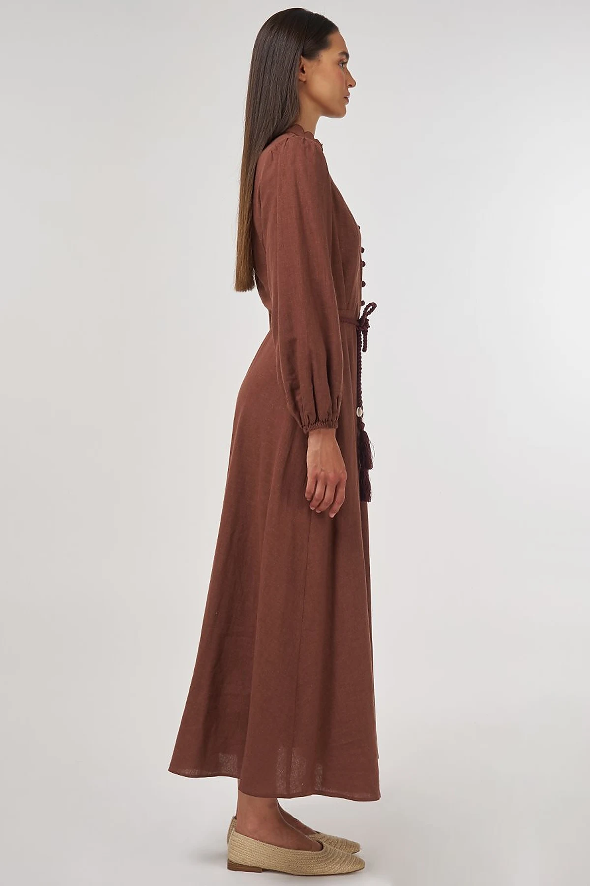 Rope-Belted Linen Viscose Maxi Dress Brown