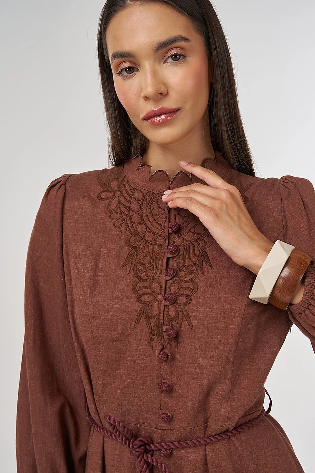 Rope-Belted Linen Viscose Maxi Dress Brown