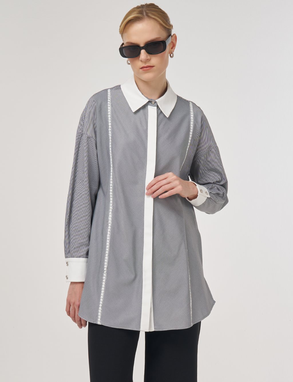 Striped Eyelet Cotton Tunic Black