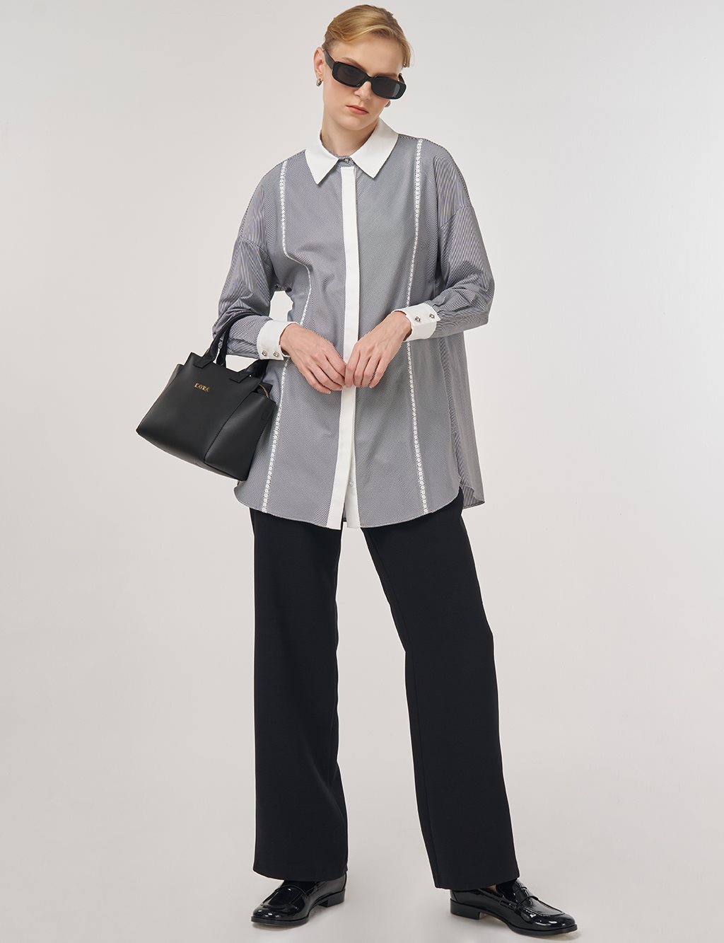 Striped Eyelet Cotton Tunic Black