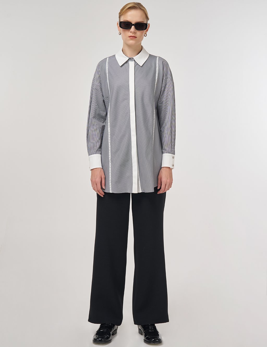 Striped Eyelet Cotton Tunic Black
