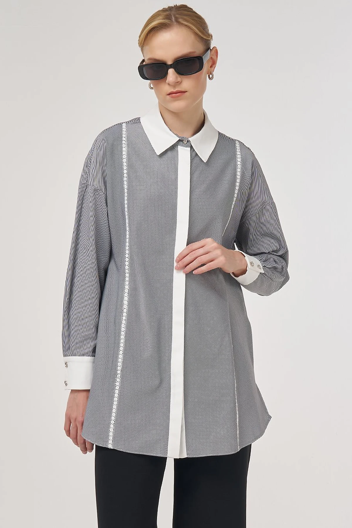 Striped Eyelet Cotton Tunic Black