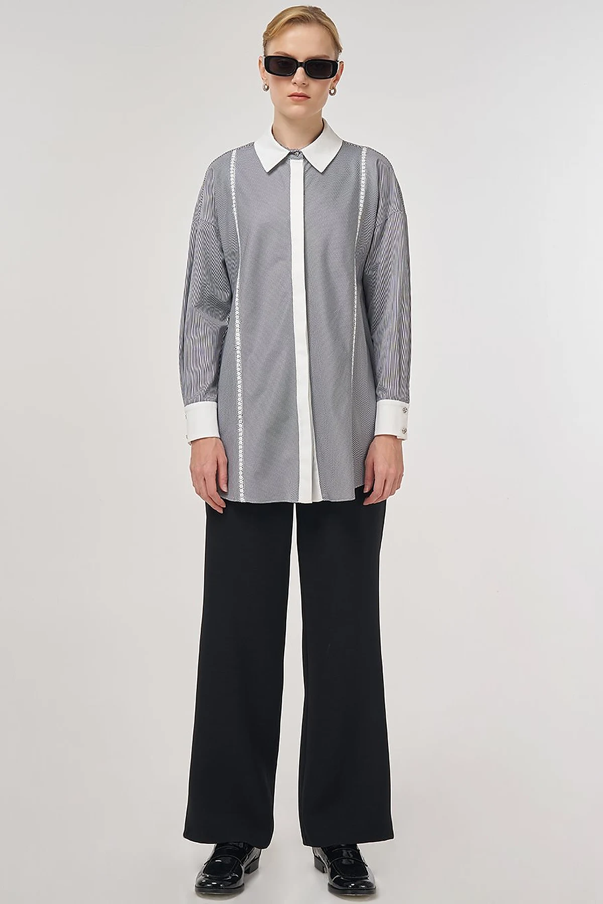 Striped Eyelet Cotton Tunic Black