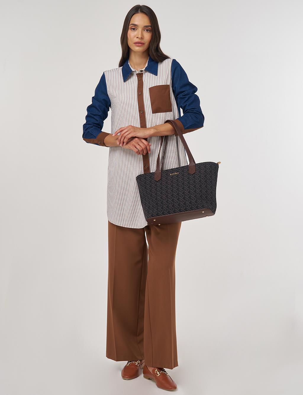 Renk Bloklu Viskon Tunik Kahve 