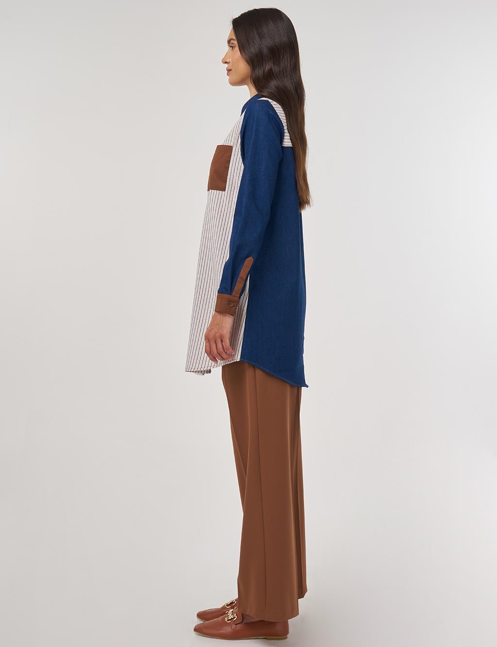 Renk Bloklu Viskon Tunik Kahve 