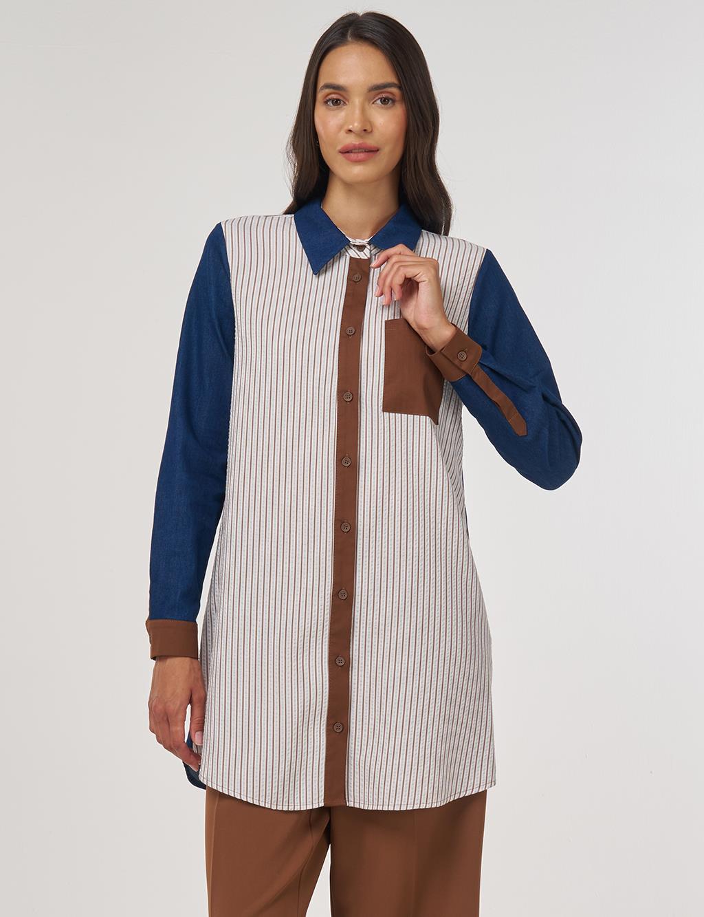 Renk Bloklu Viskon Tunik Kahve 