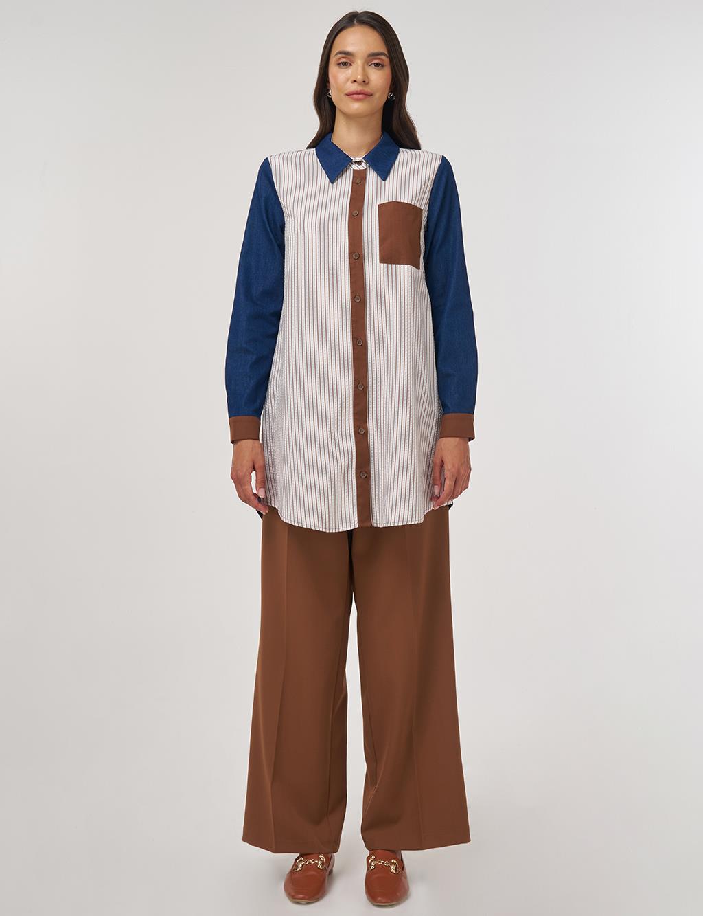 Renk Bloklu Viskon Tunik Kahve 