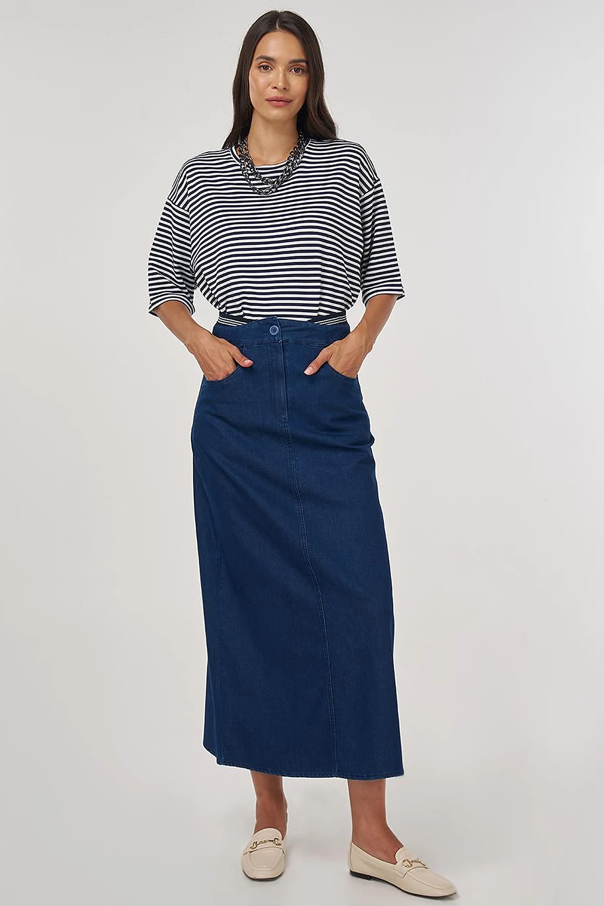 Bel Bantlı Denim Etek Lacivert 