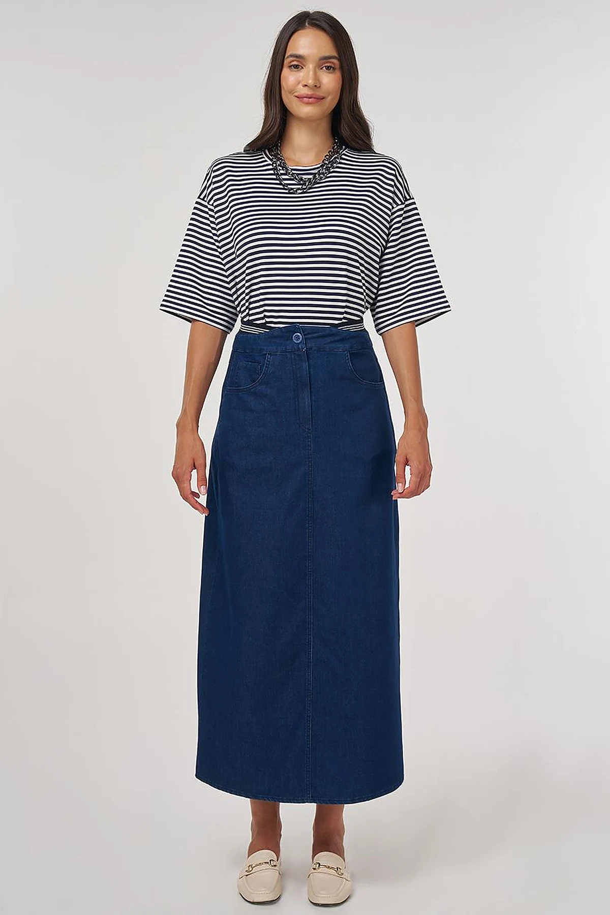Bel Bantlı Denim Etek Lacivert 