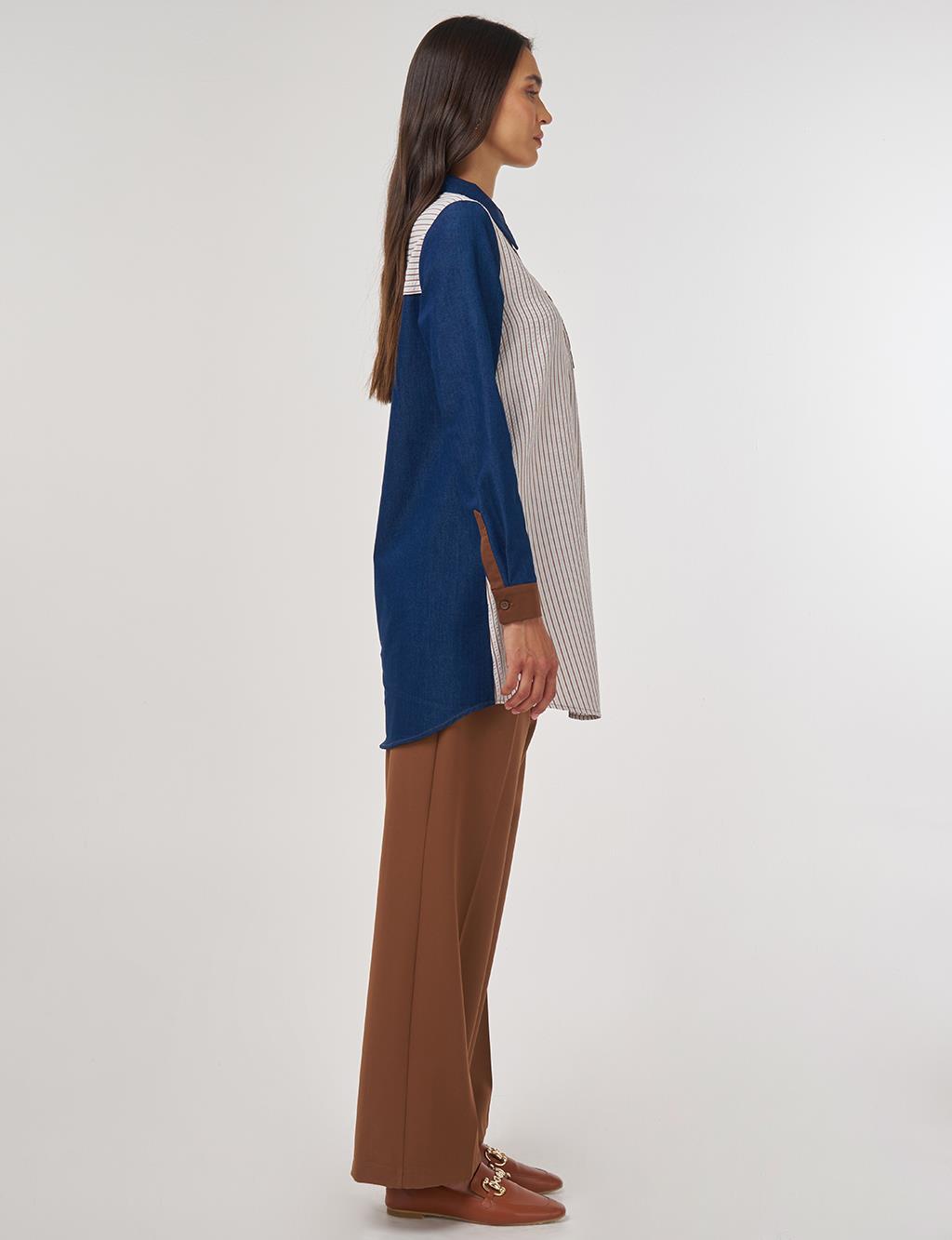 Renk Bloklu Viskon Tunik Kahve 