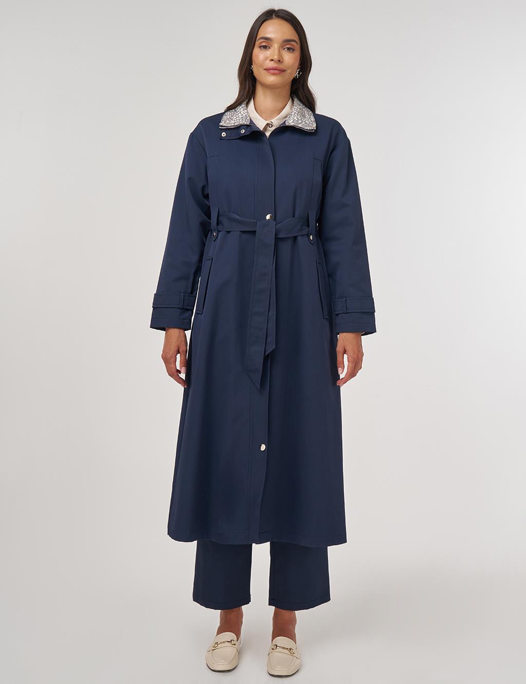 Jacquard Long Trench Coat Dark Navy 