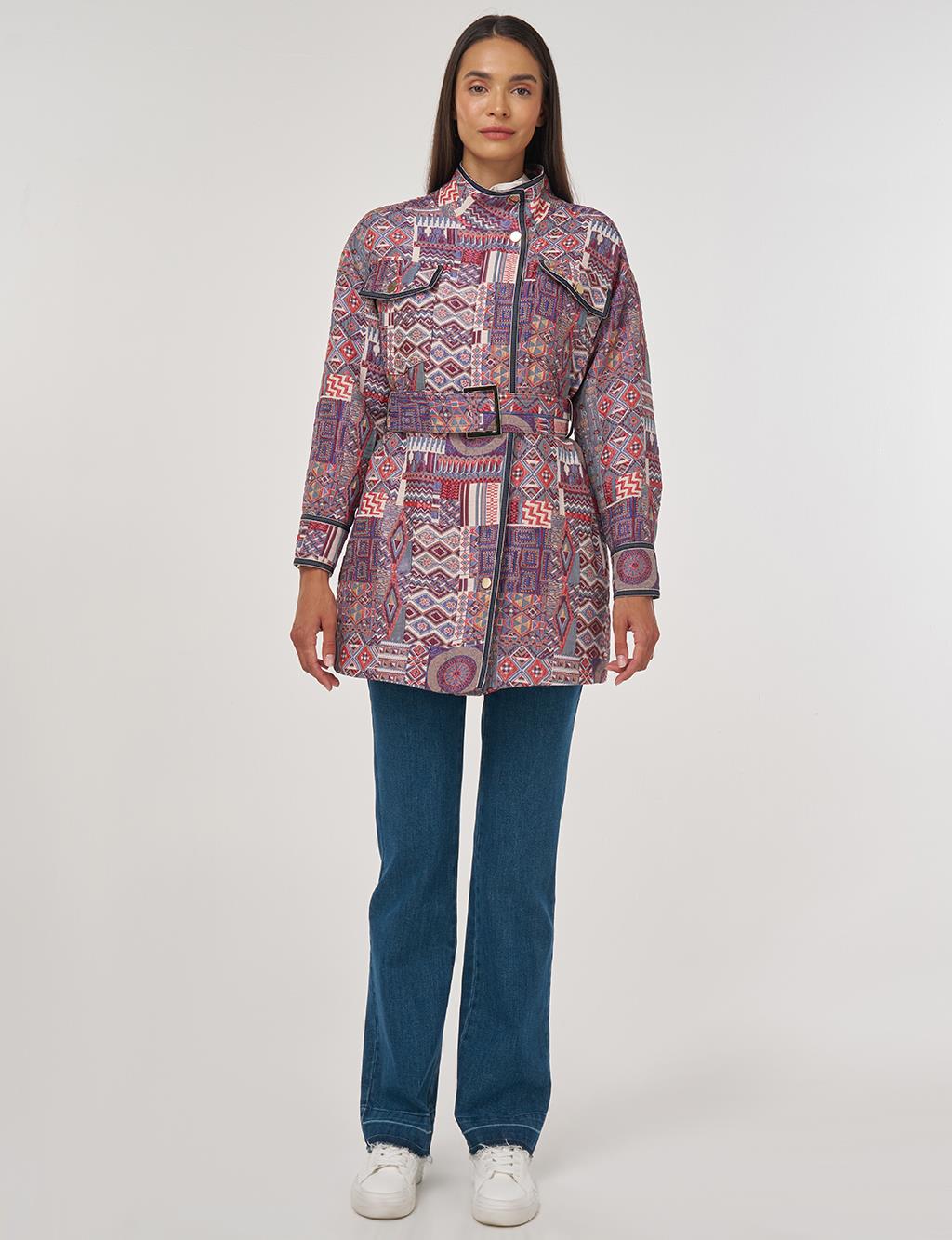 Patterned High Neck Jacket Indigo 