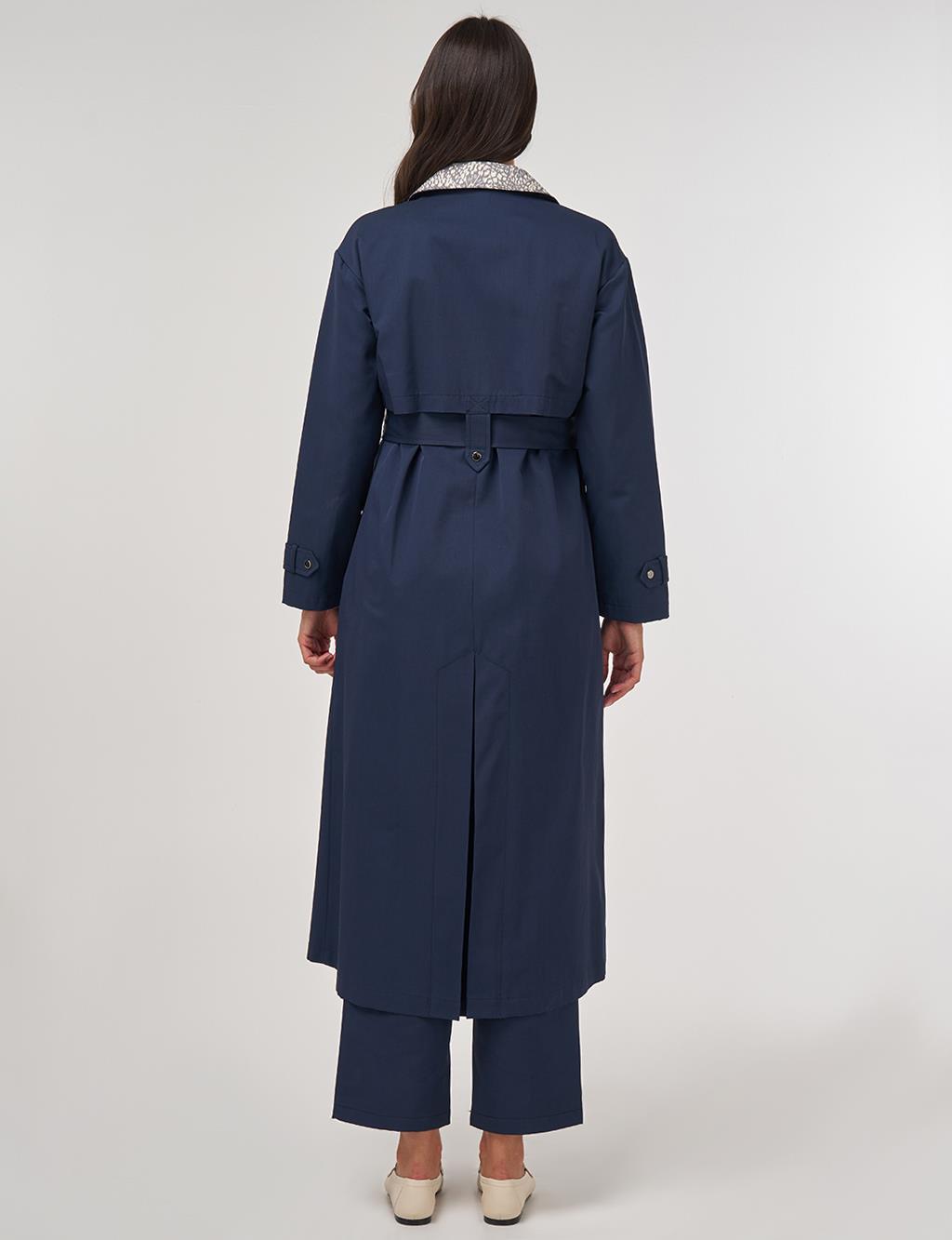 Jacquard Long Trench Coat Dark Navy 