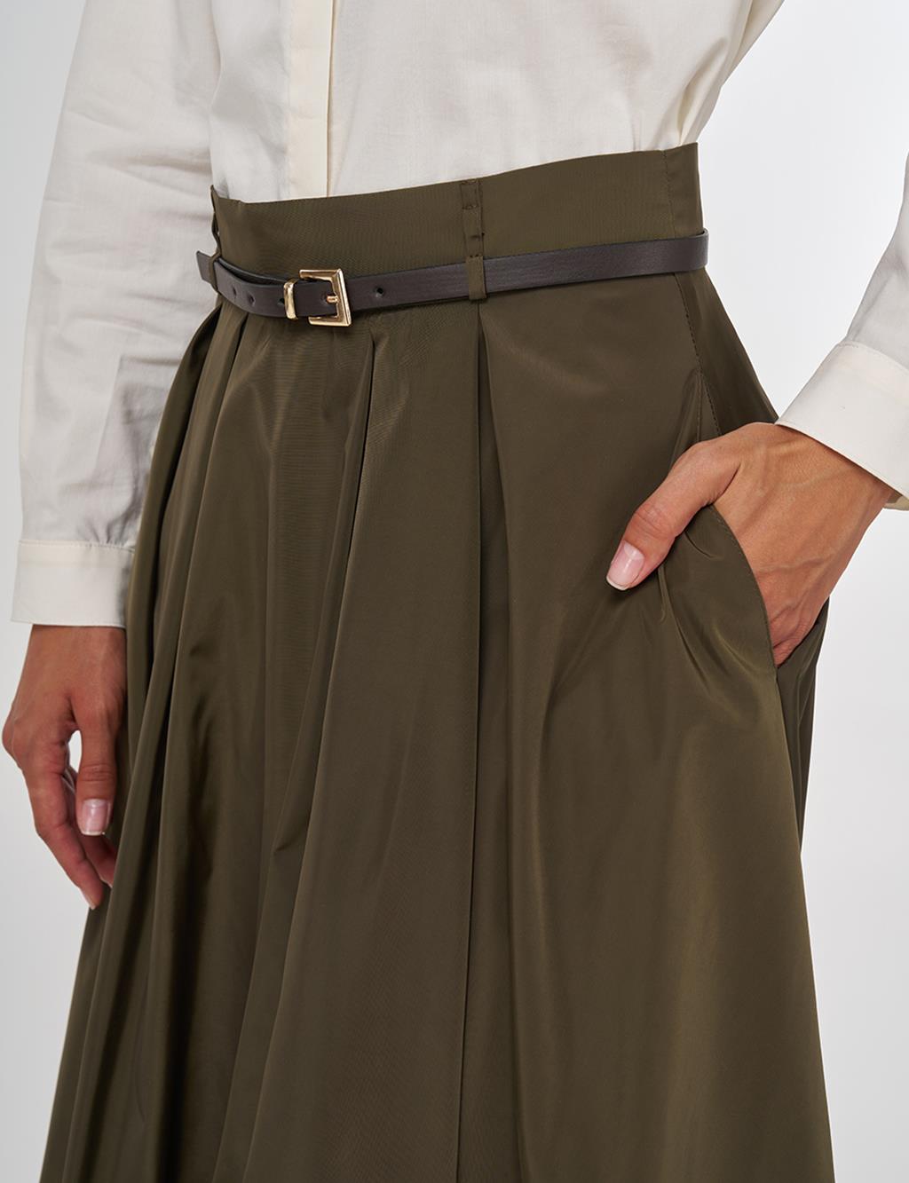 Belted Flared Skirt Bronze Khaki
