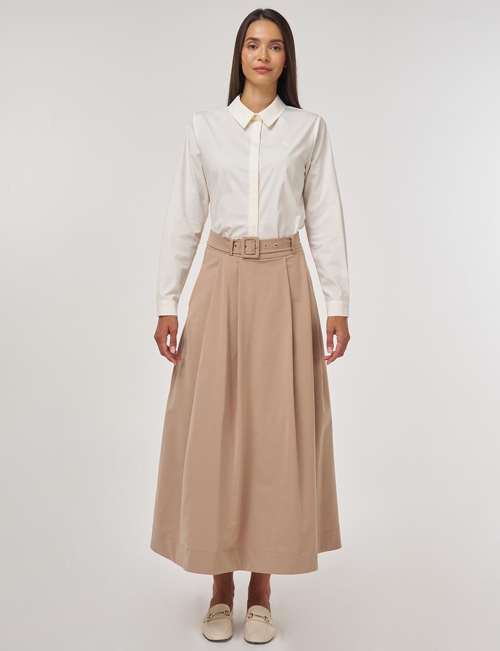 Belted Flared Skirt Beige