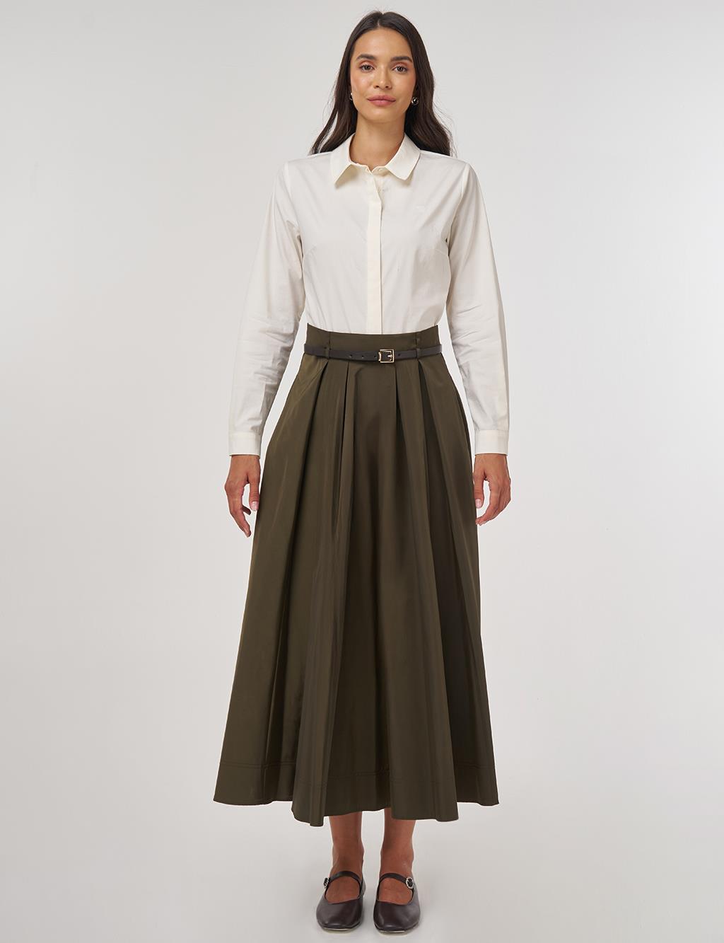 Belted Flared Skirt Bronze Khaki