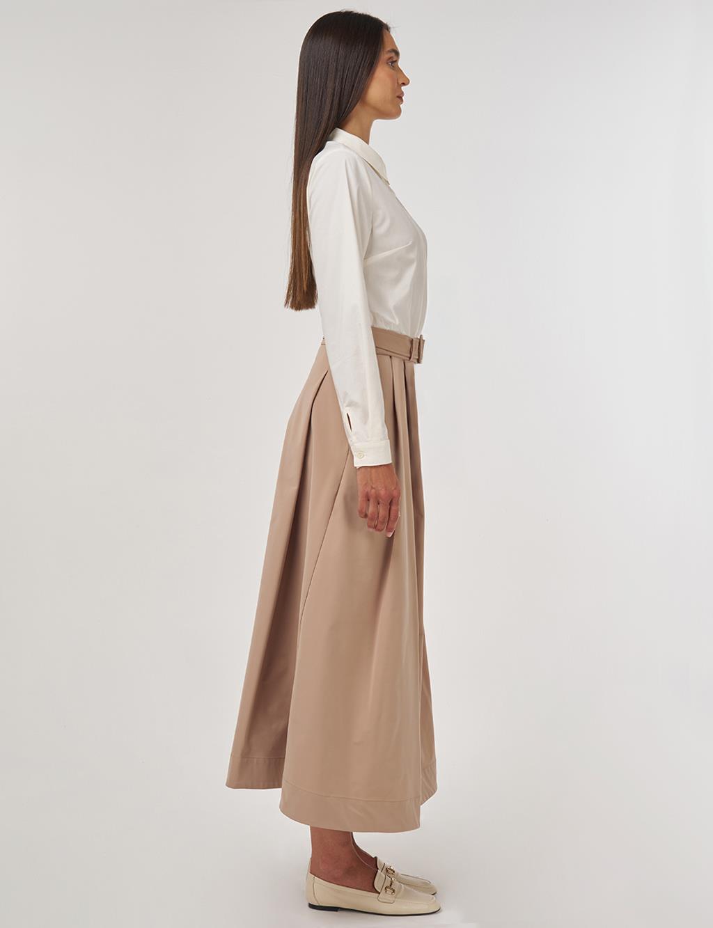 Belted Flared Skirt Beige