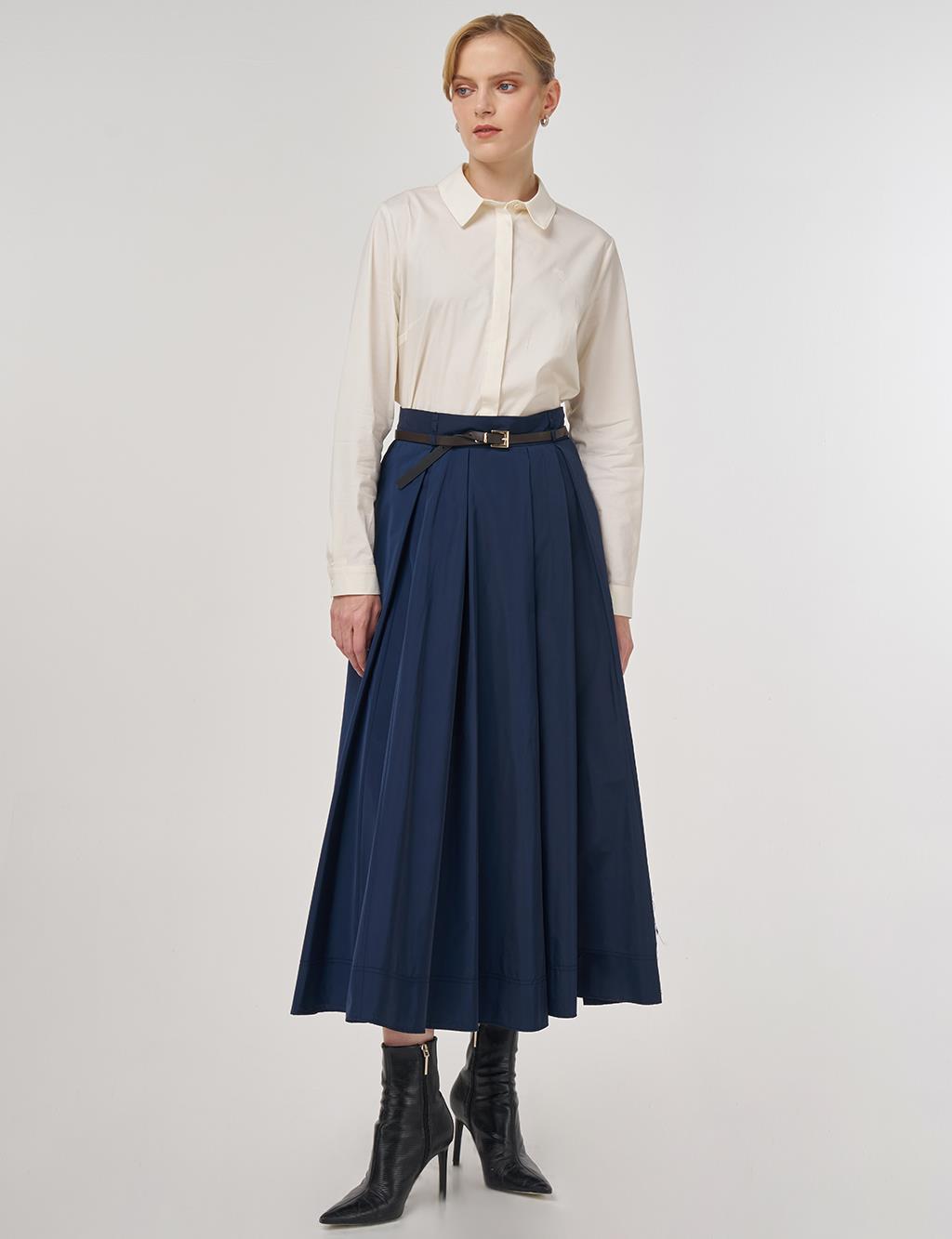 Belted Flared Skirt Dark Navy