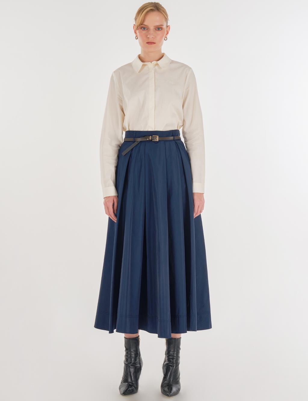 Belted Flared Skirt Dark Navy