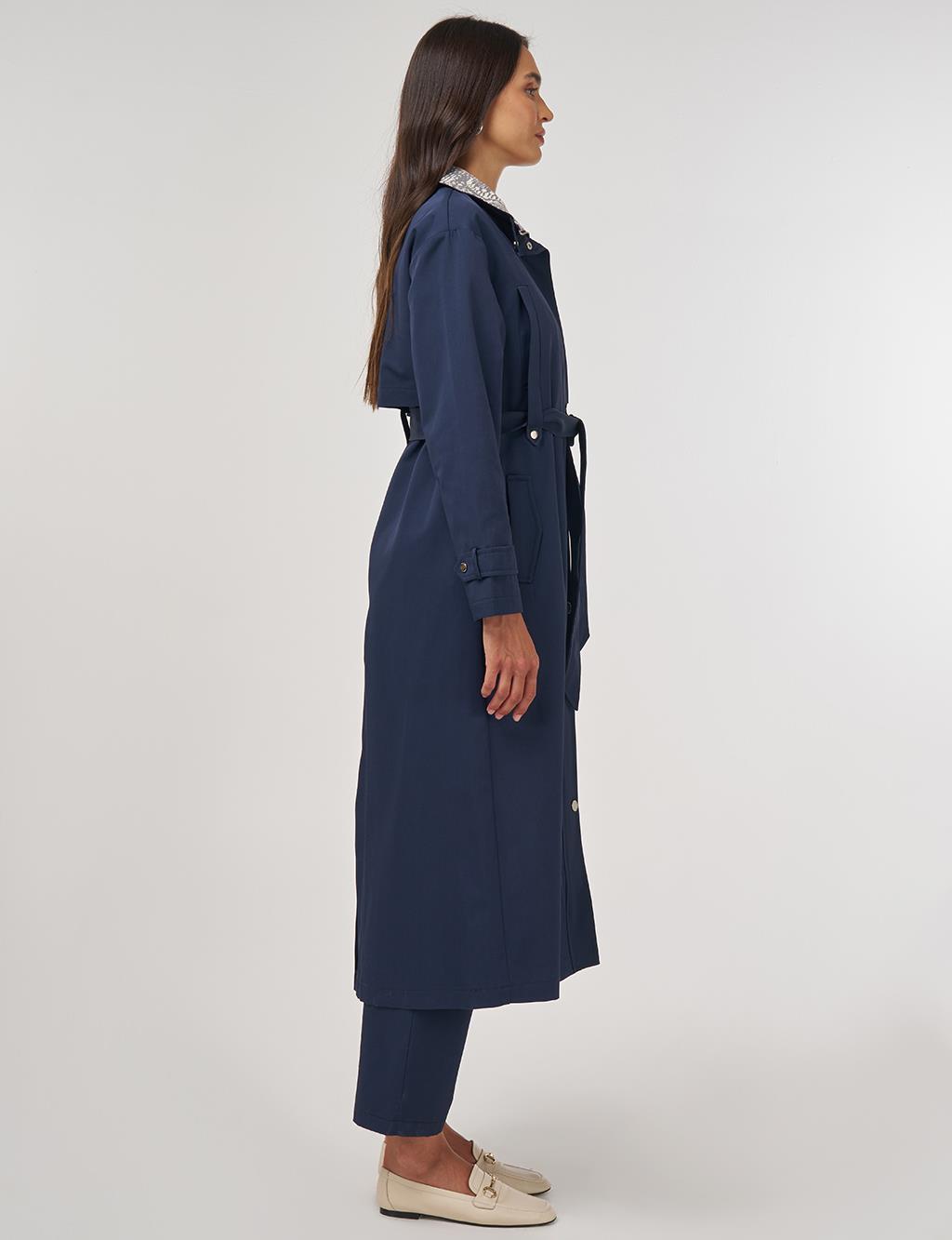 Jacquard Long Trench Coat Dark Navy 