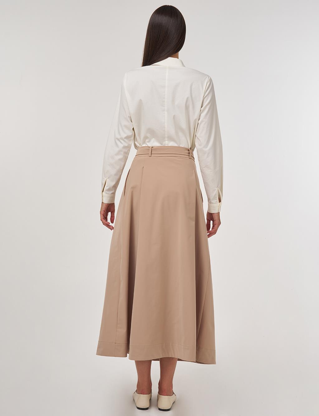 Belted Flared Skirt Beige