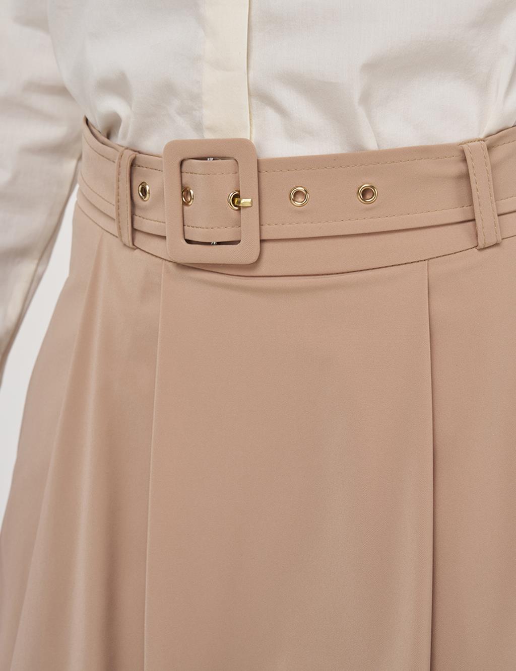 Belted Flared Skirt Beige