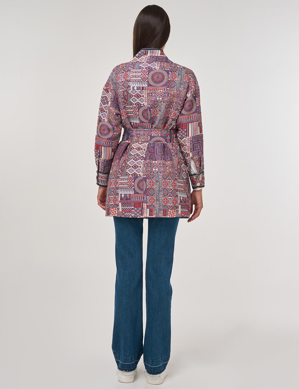 Patterned High Neck Jacket Indigo 