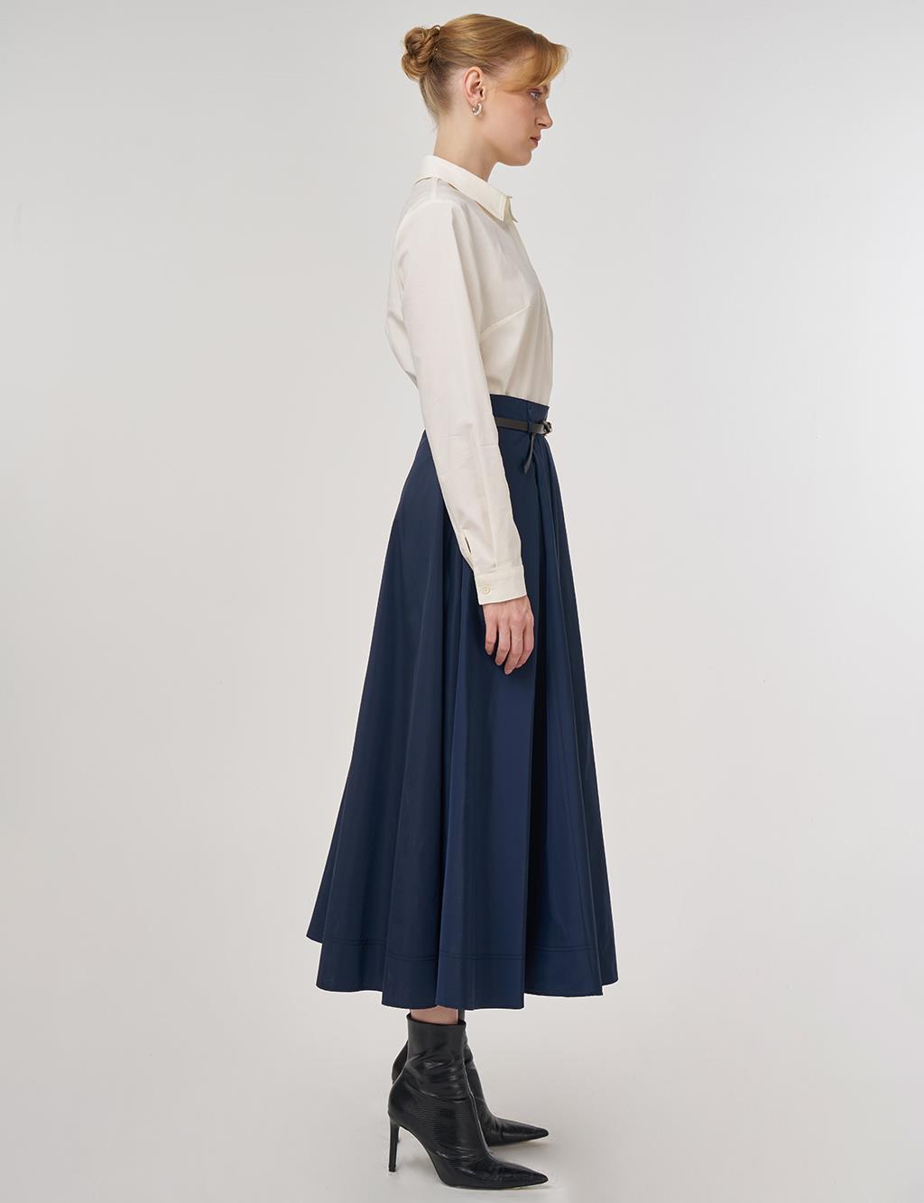 Belted Flared Skirt Dark Navy