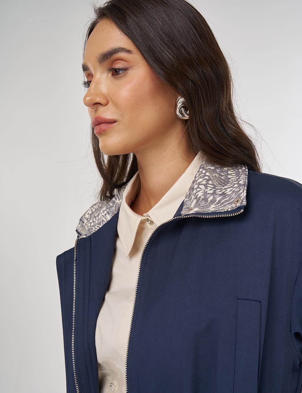 Jacquard Long Trench Coat Dark Navy 