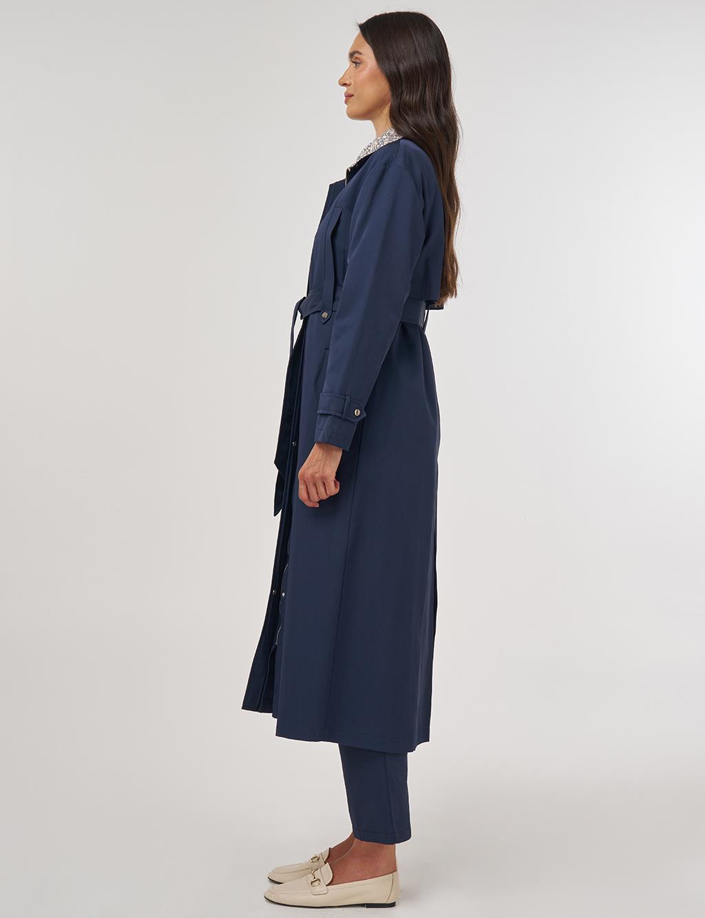 Jacquard Long Trench Coat Dark Navy 