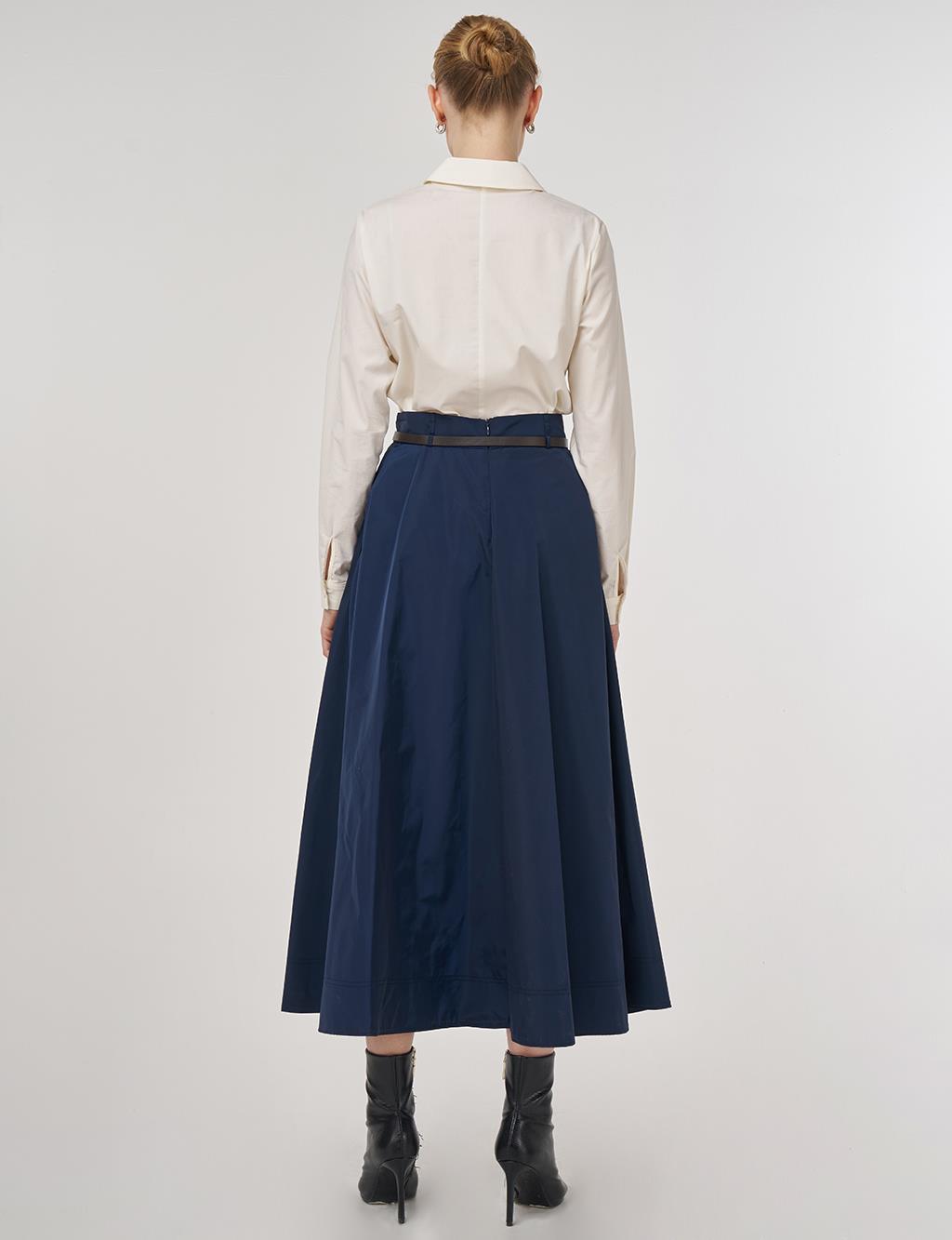 Belted Flared Skirt Dark Navy