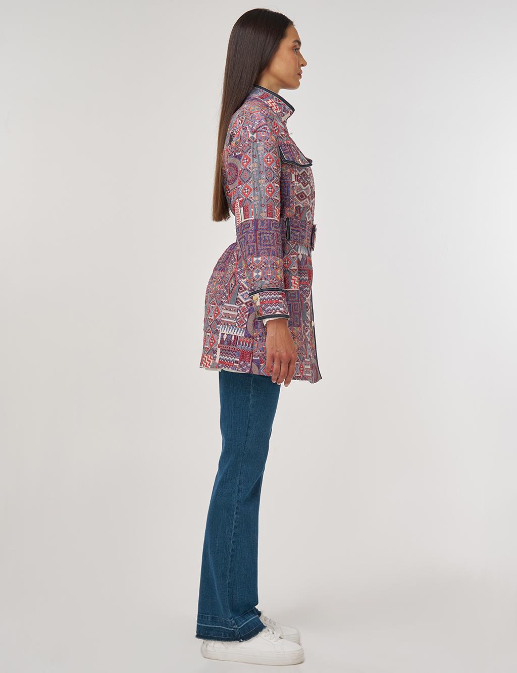 Patterned High Neck Jacket Indigo 