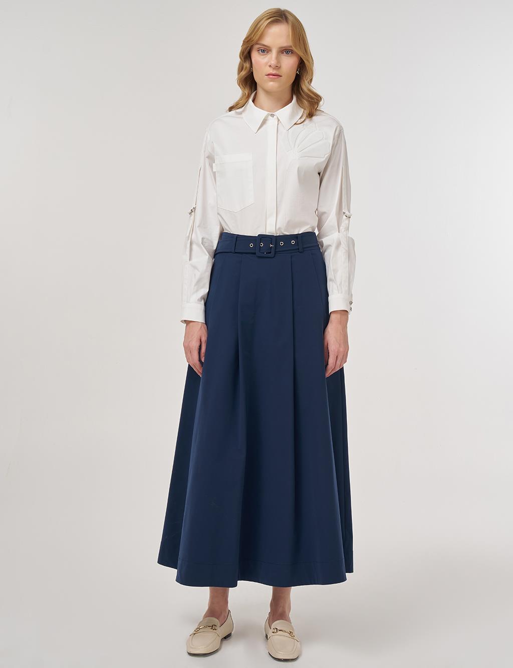 Belted Flared Skirt Dark Navy