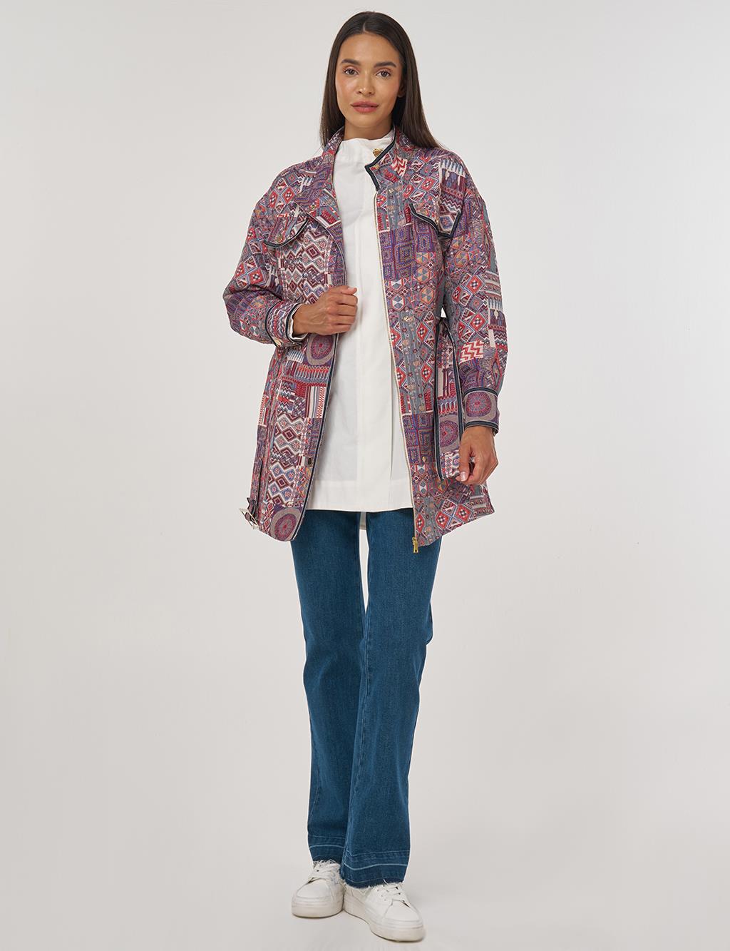 Patterned High Neck Jacket Indigo 
