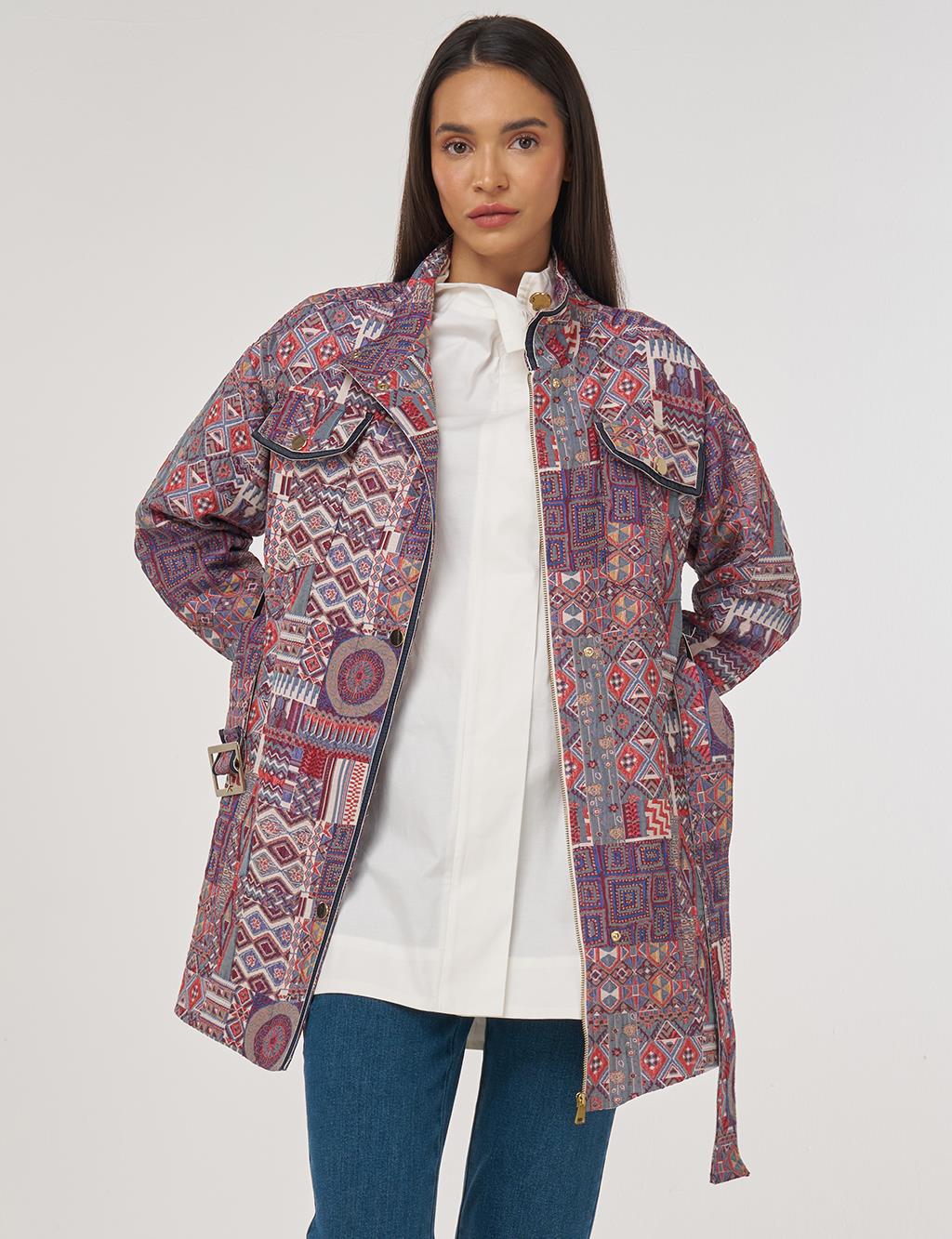 Patterned High Neck Jacket Indigo 
